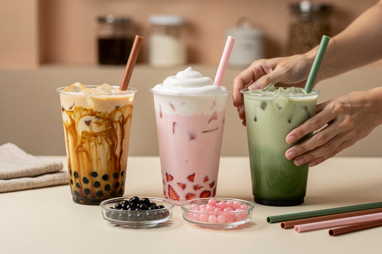 Drift Boba Bar signature drinks menu featuring Brown Sugar Bliss, Strawberry Cloud, and Matcha Drift