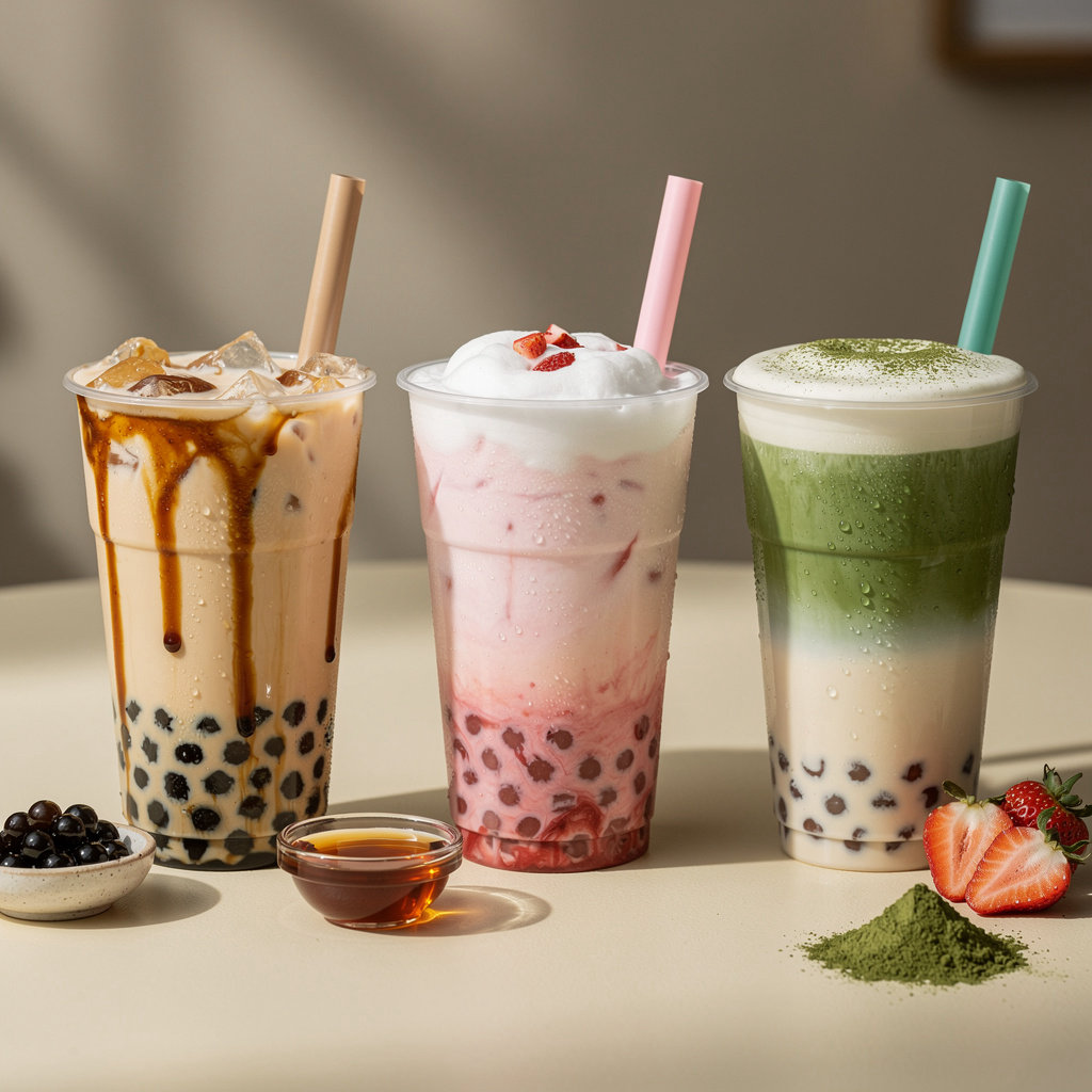 Drift Boba Bar signature drinks: Brown Sugar Bliss, Strawberry Cloud, and Matcha Drift with tapioca pearls and premium toppings